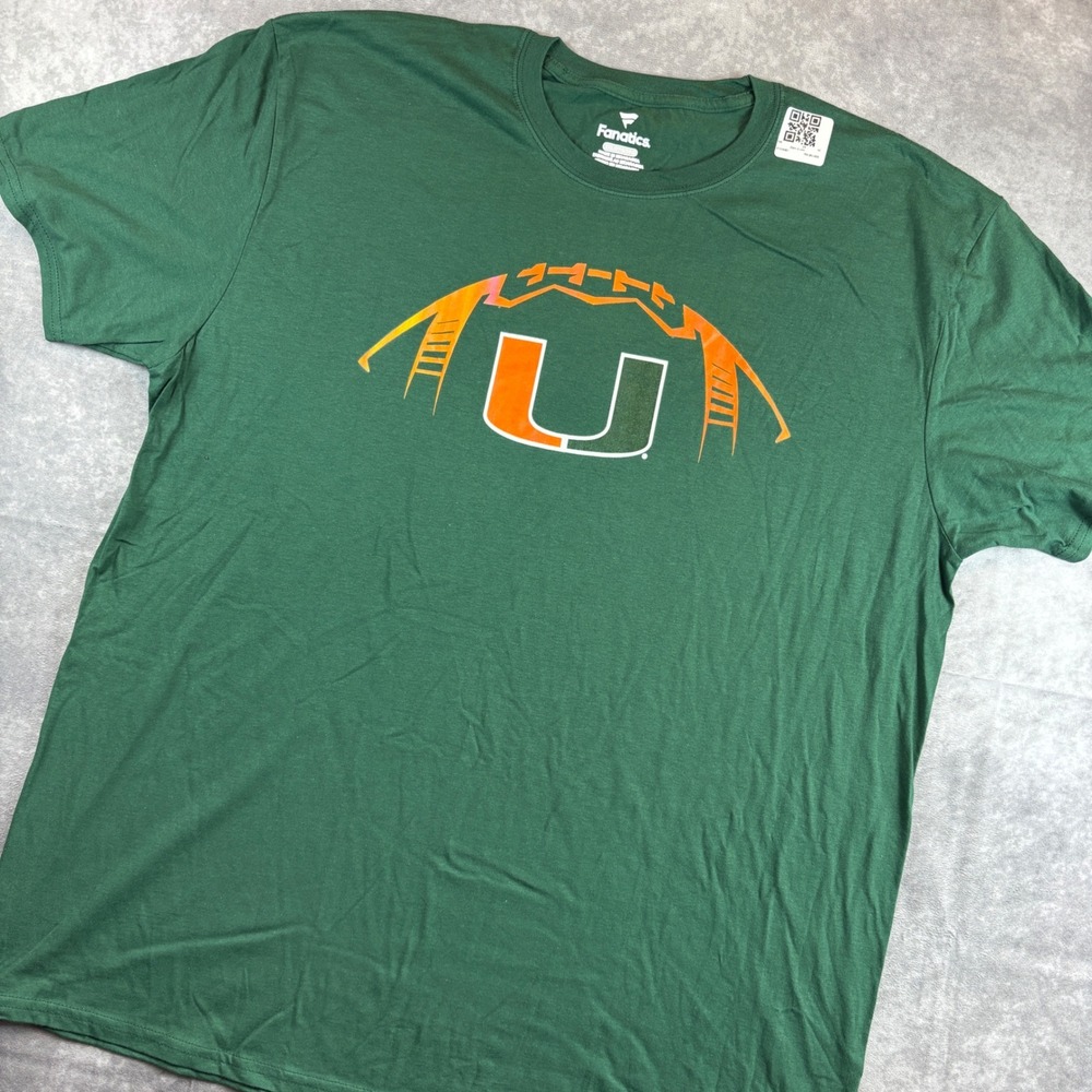 Fanatics T-Shirt Mens 2XL Green Miami Hurricanes NCAA Football Graphic Tee NWOT